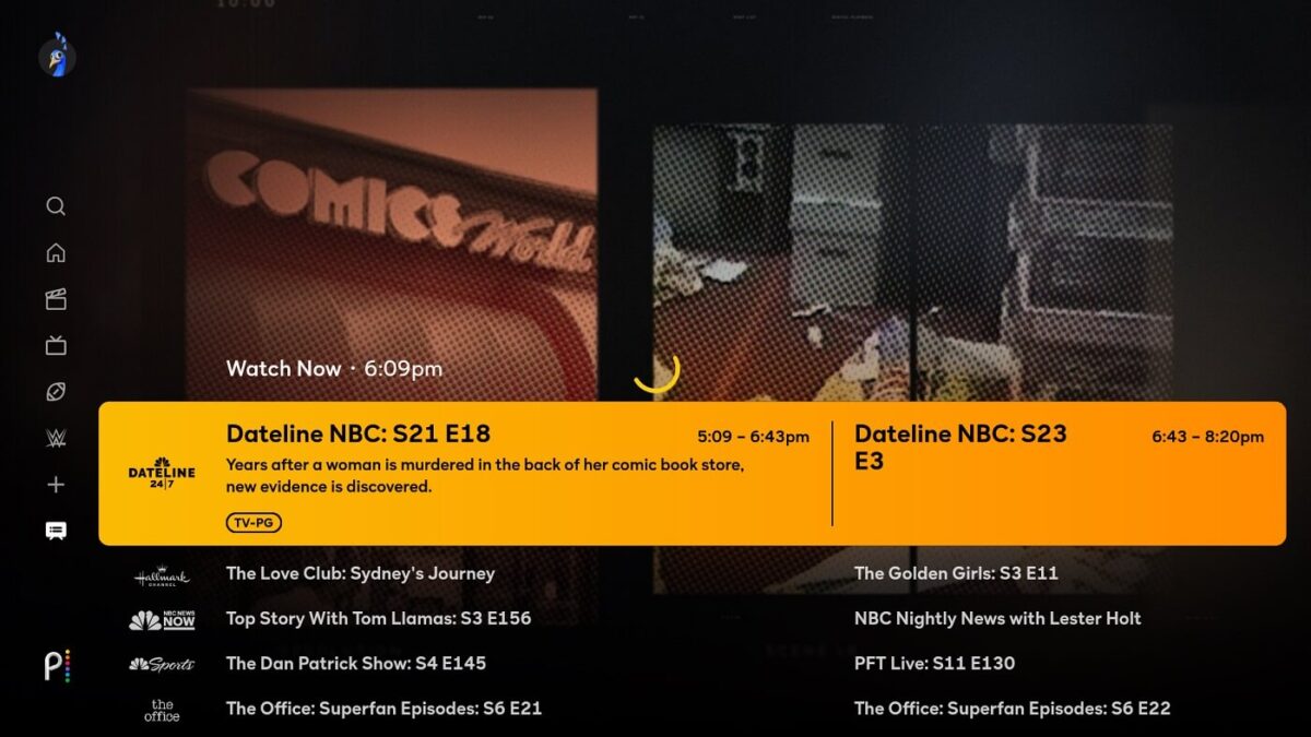 Peacock app displaying Live TV channels and guide