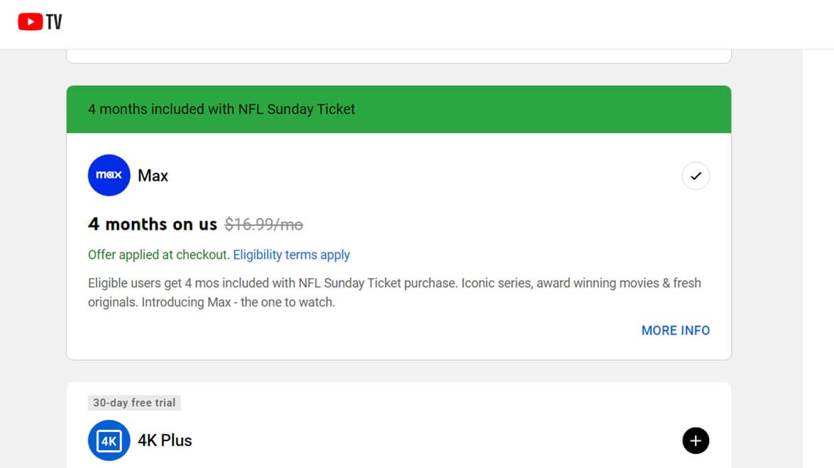 YouTube TV Is Offering 4 Free Months Of Max With NFL Sunday Ticket ...