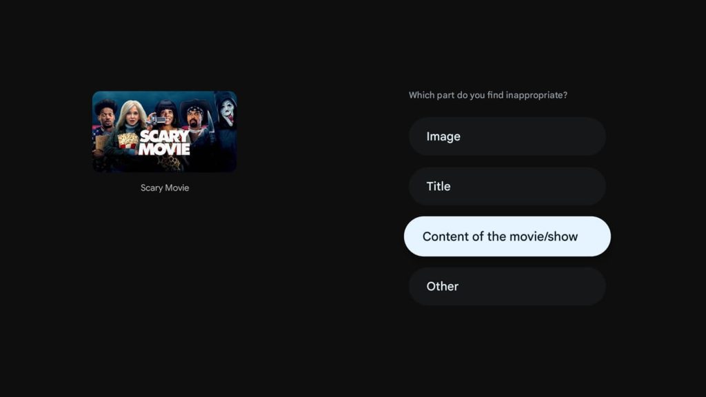 An image showing the various options available when using Google TV's new 'Report' feature.