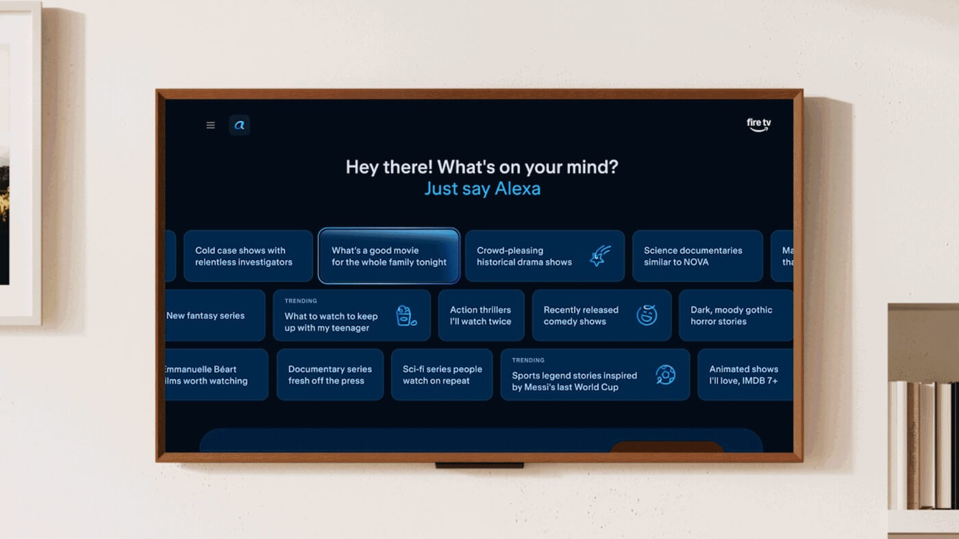 An image showing the new Alexa+ Hub on Amazon Fire TV including various prompts the AI assistant understands.