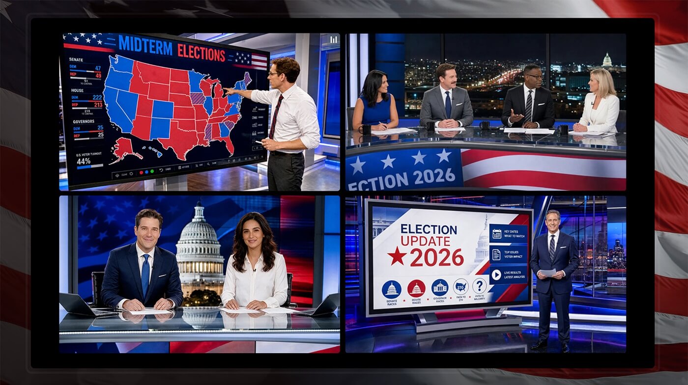 An image of DirecTV's Election HQ showing a four-way feed of popular news channels ahead of the 2026 midterm elections.